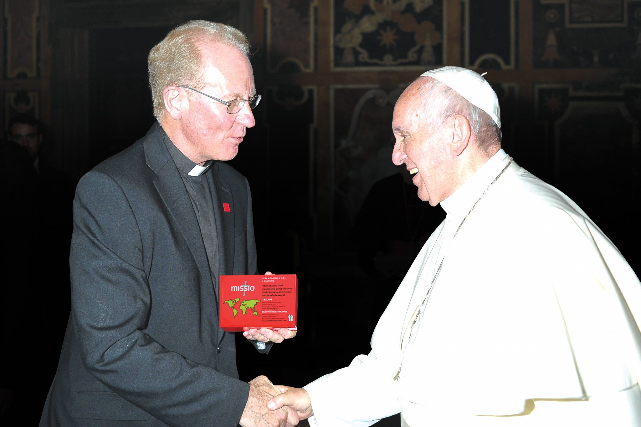Father Anthony Chantry giving Pope Francis a Red Box