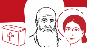 The Red Box alongside its founders: Fr Thomas Jackson MHM and Blessed Pauline Jaricot